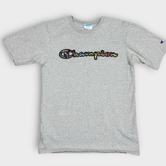 Champion Other - Champion Mens T-Shirt Medium Gray Colorful Graffiti Script Logo Short Sleeve Tee